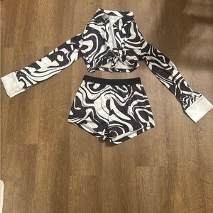 Two-Piece Satin Black and White Swirl Crop Top + Shorts Set